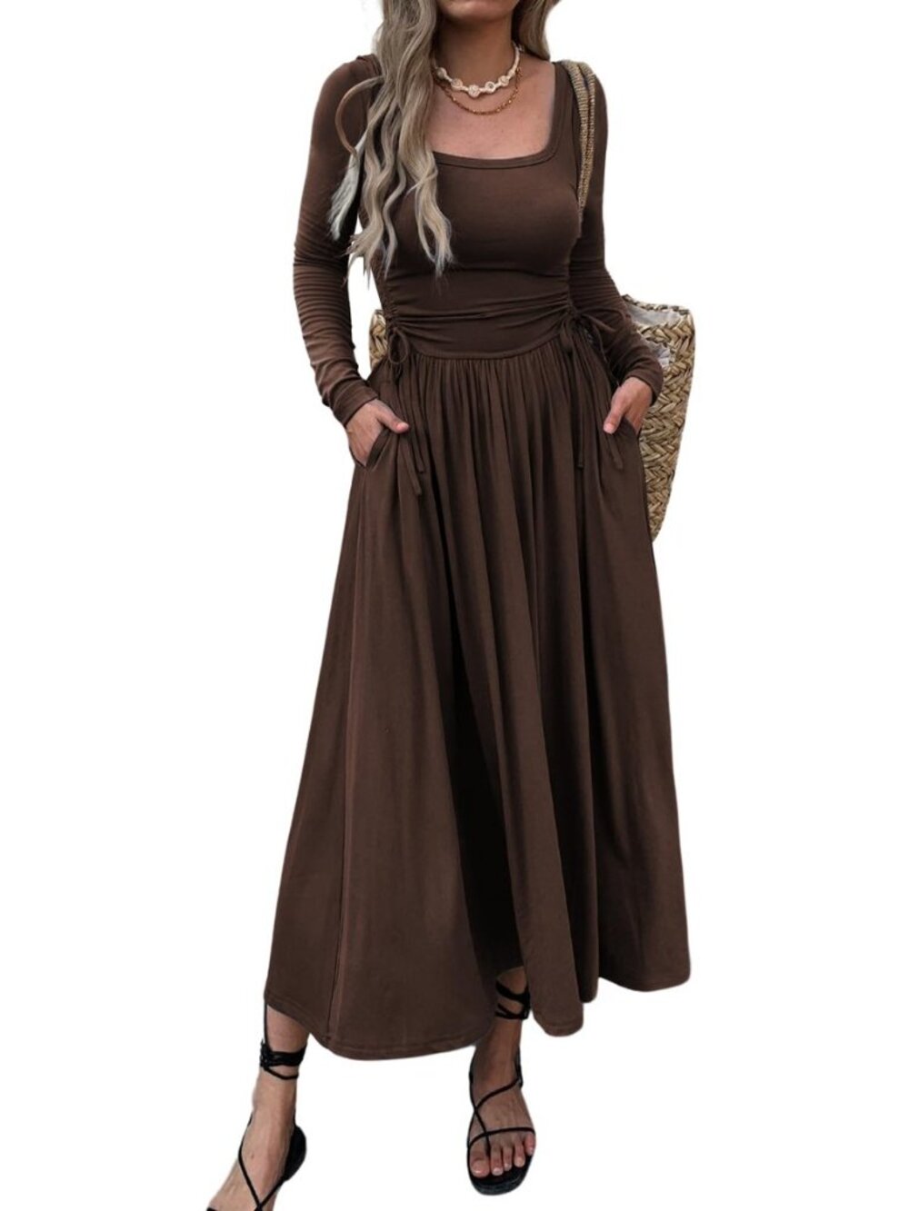 Women’s Long Sleeve Square Neck Maxi Dress Adjustable Waist Tie Casual Flowy